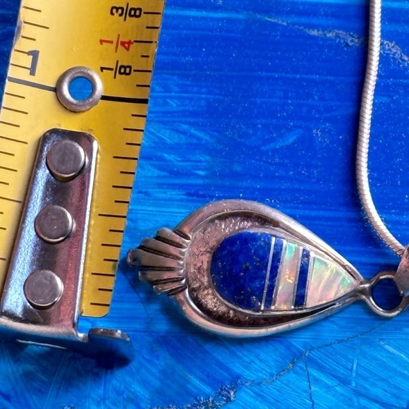 Opal And Lapis Bezel Set Sterling 925 inlay Pendant Necklace Signed VTG 4250 W - Picture 10 of 16